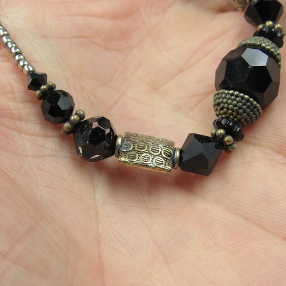 16" Silver Tone Rustic Hefty Black Material Necklace Vintage - Picture 3 of 6
